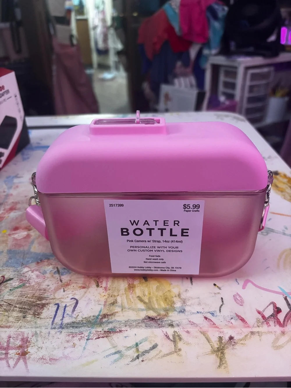 Pink Camera themed water bottle with Strap
